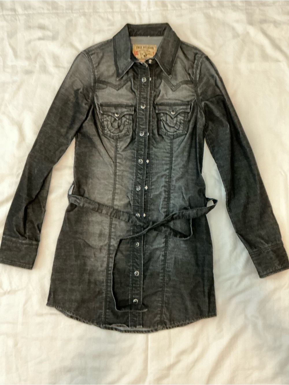 True Religion Washed Black Denim Mini Dress with Self-Tie